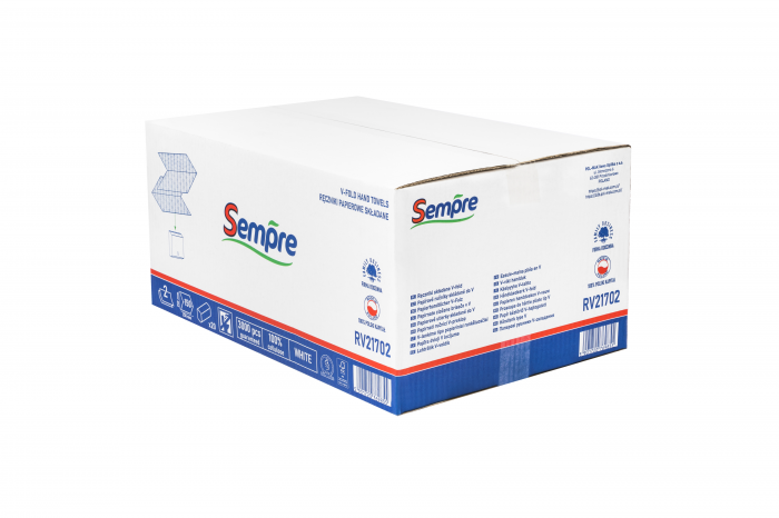 Skládaný papírový ručník Sempre, V-fold, 2vrstvá celulóza, 25x21 cm, 3000 ks Skládaný papírový ručník Sempre, V-fold, 2vrstvá celulóza, 25x21 cm, 3000 ks