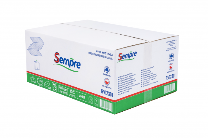 Skládaný papírový ručník Sempre, V-fold, 1vrstvá celulóza, 23x21 cm, 4000 ks Skládaný papírový ručník Sempre, V-fold, 1vrstvá celulóza, 23x21 cm, 4000 ks
